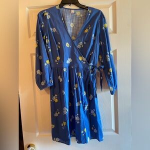 Floral Wrap Dress in Blue with Yellow and White Flowers